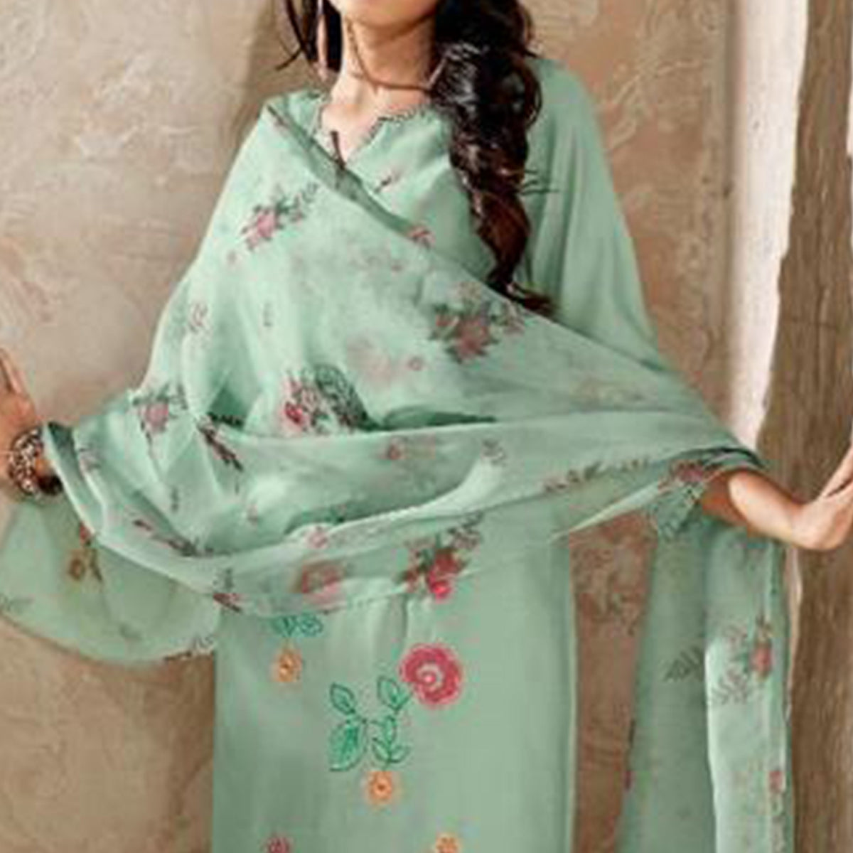 Sea Green Floral Embroidered Viscose Suit