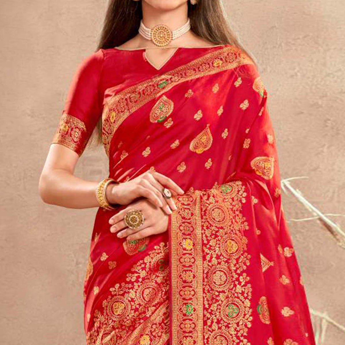 Red Floral Woven Art Silk Saree
