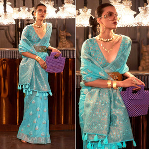 Sky Blue Woven Linen Saree With Tassels