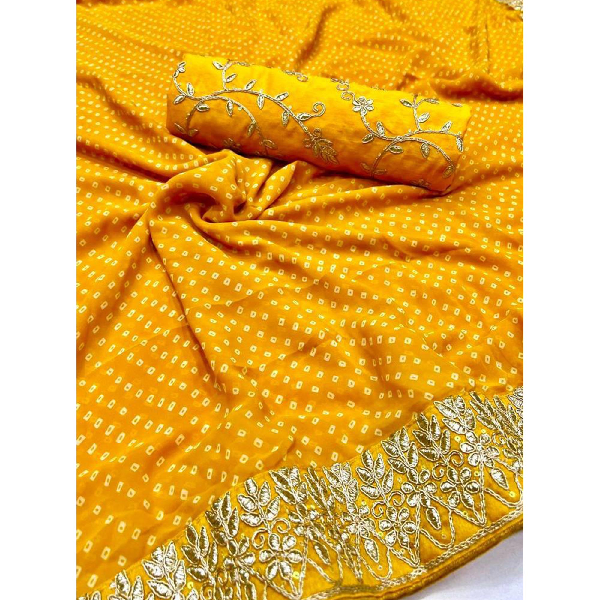 Yellow Bandhani Printed With Embroidered Border Georgette Saree