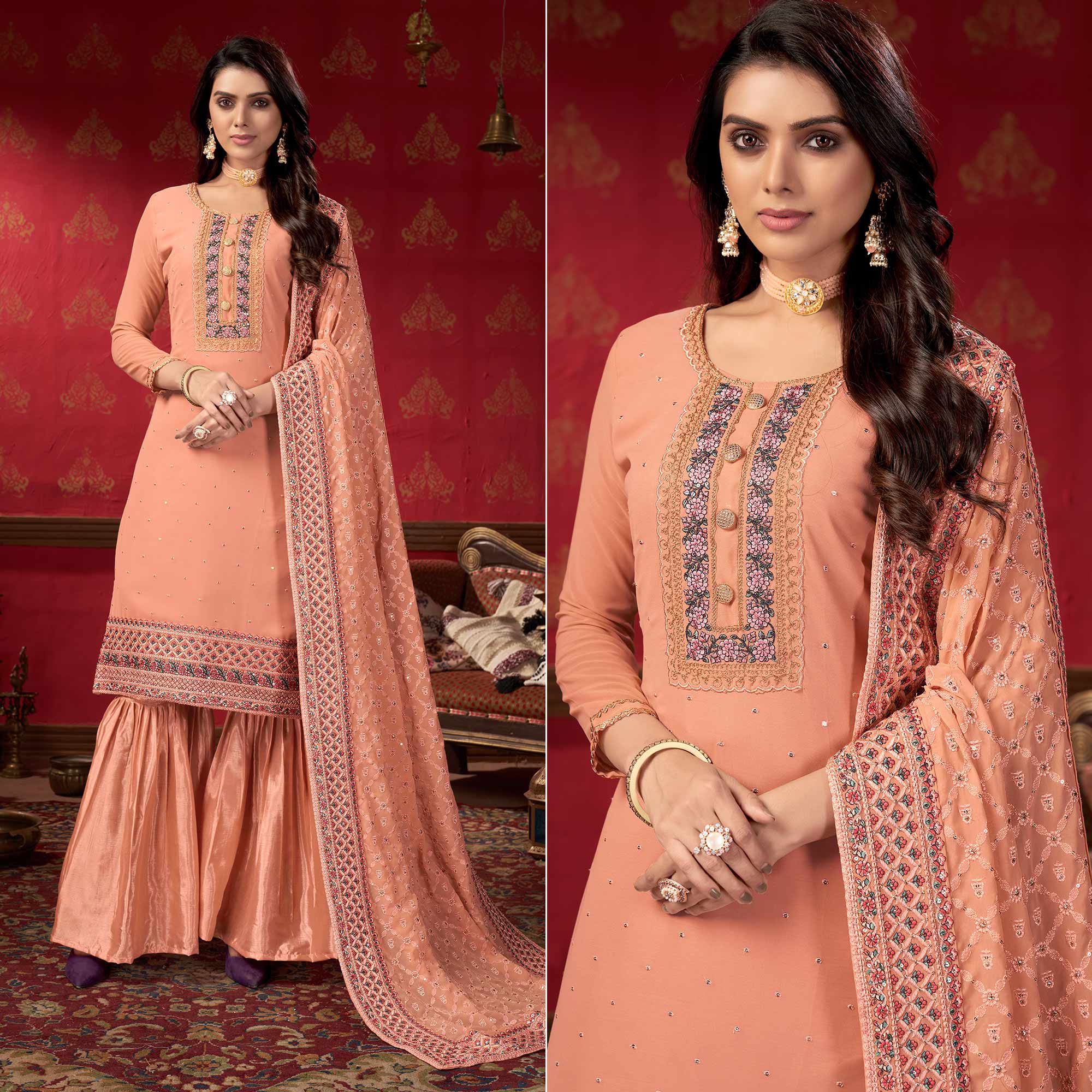 Peach Embroidered Georgette Sharara Suit