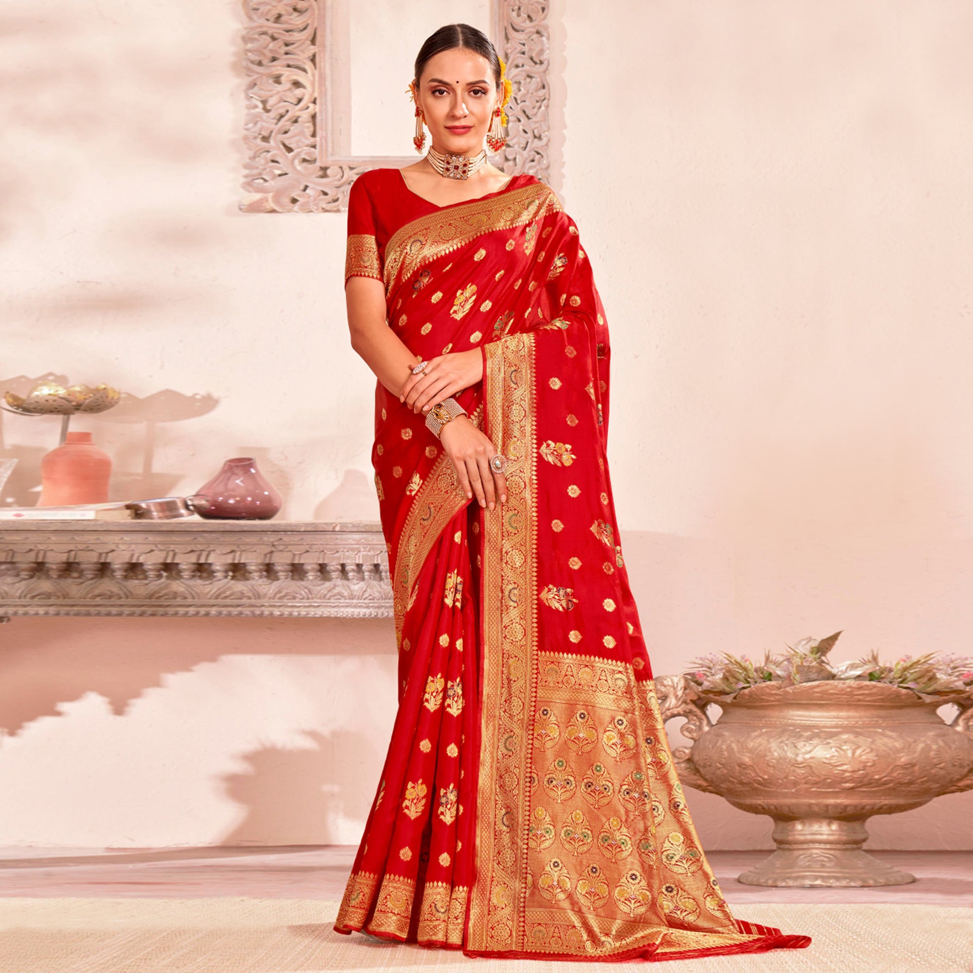 Red Woven Art Silk Saree