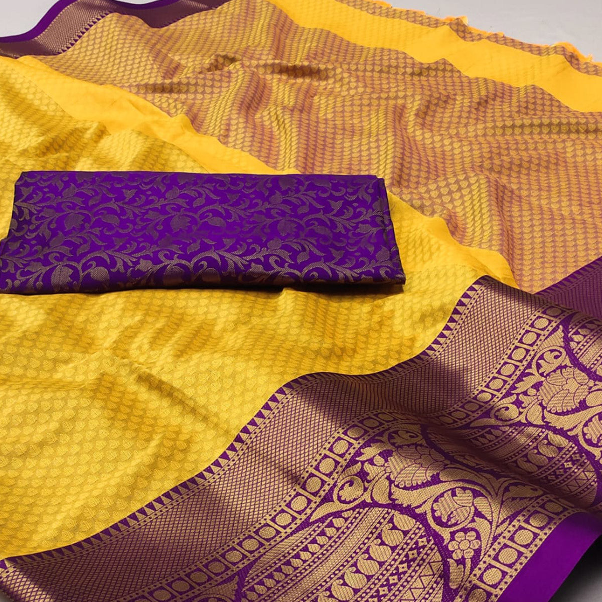 Yellow Woven Cotton Silk Saree With Tassels