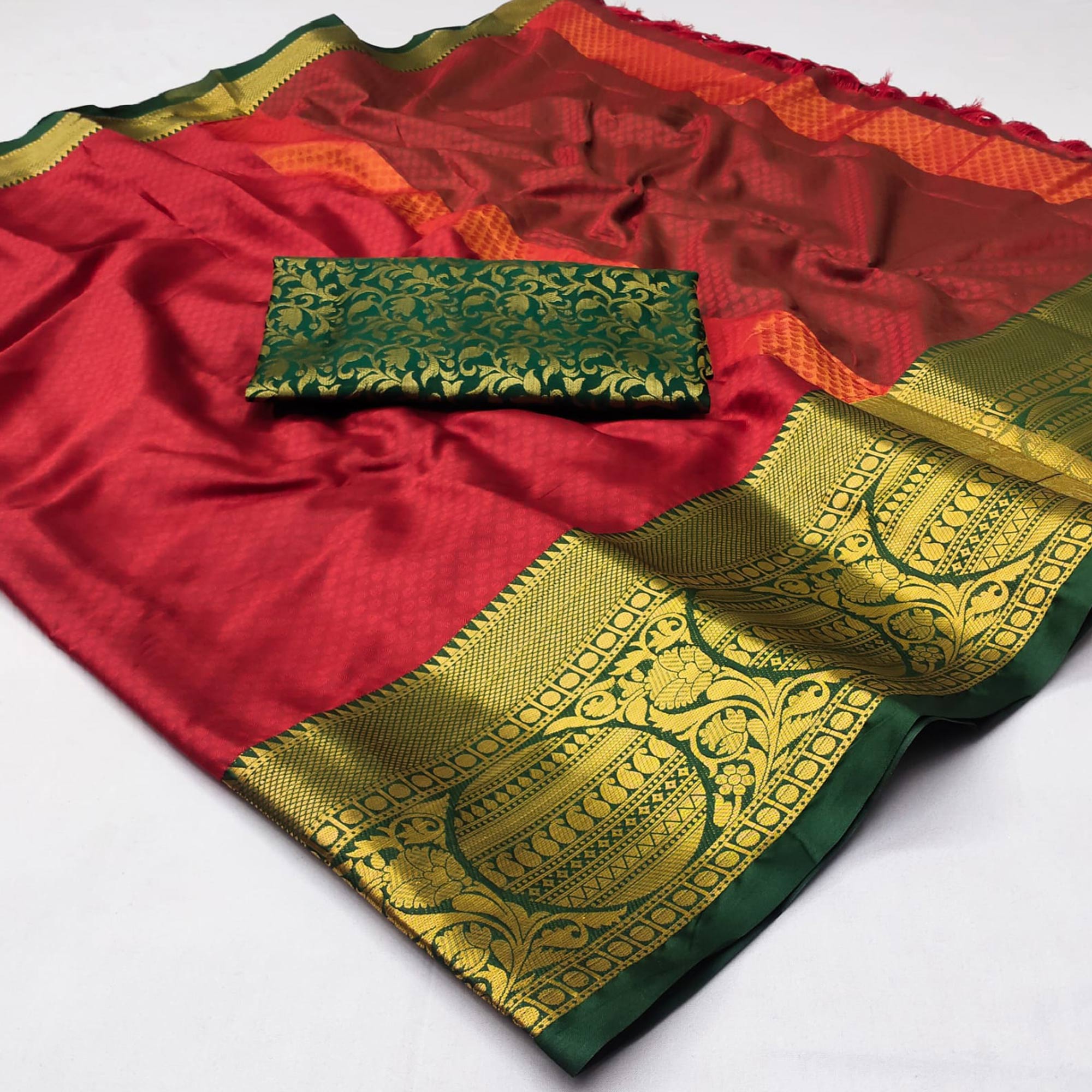 Red Woven Cotton Silk Saree With Tassels