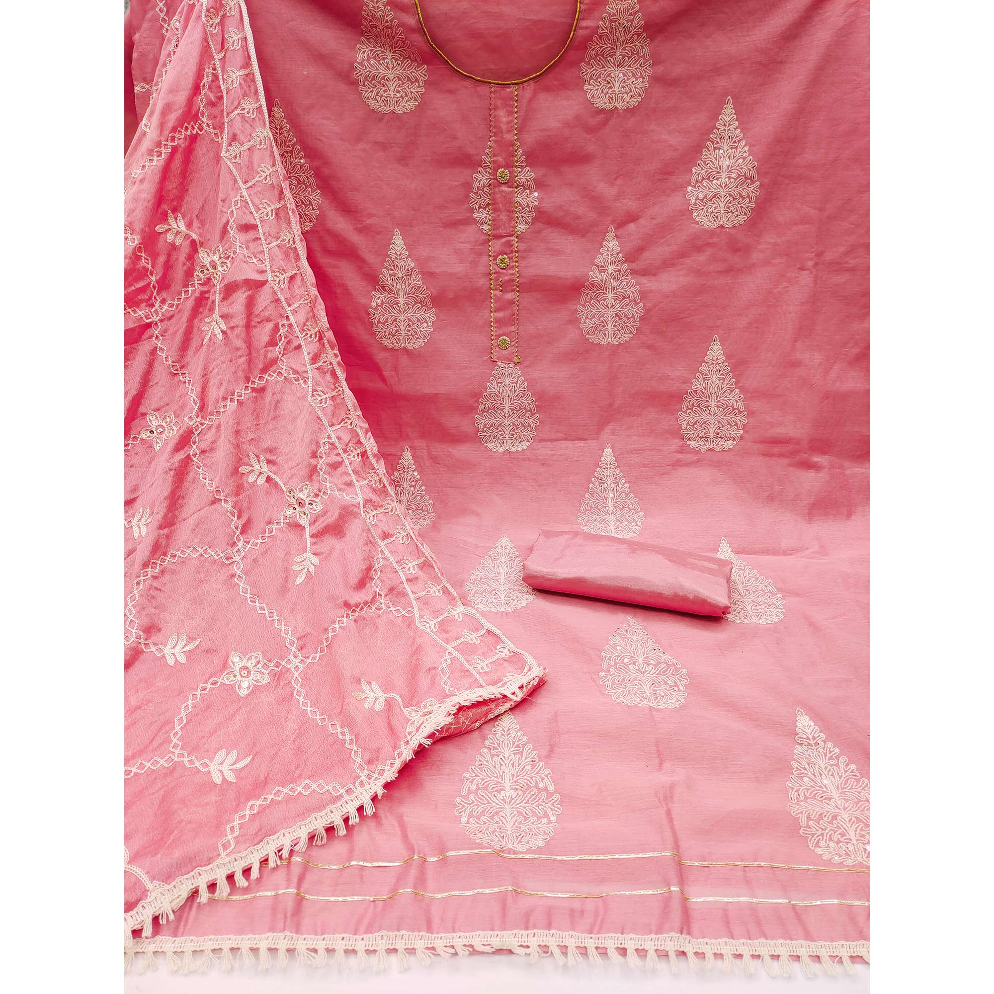 Pink Embroidered Chanderi Dress Material