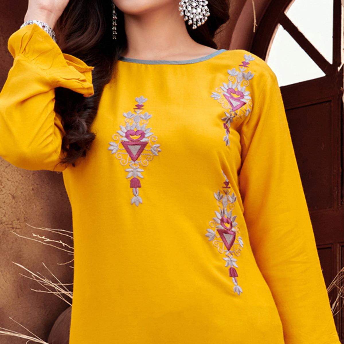 Yellow Floral Embroidered Rayon Kurti