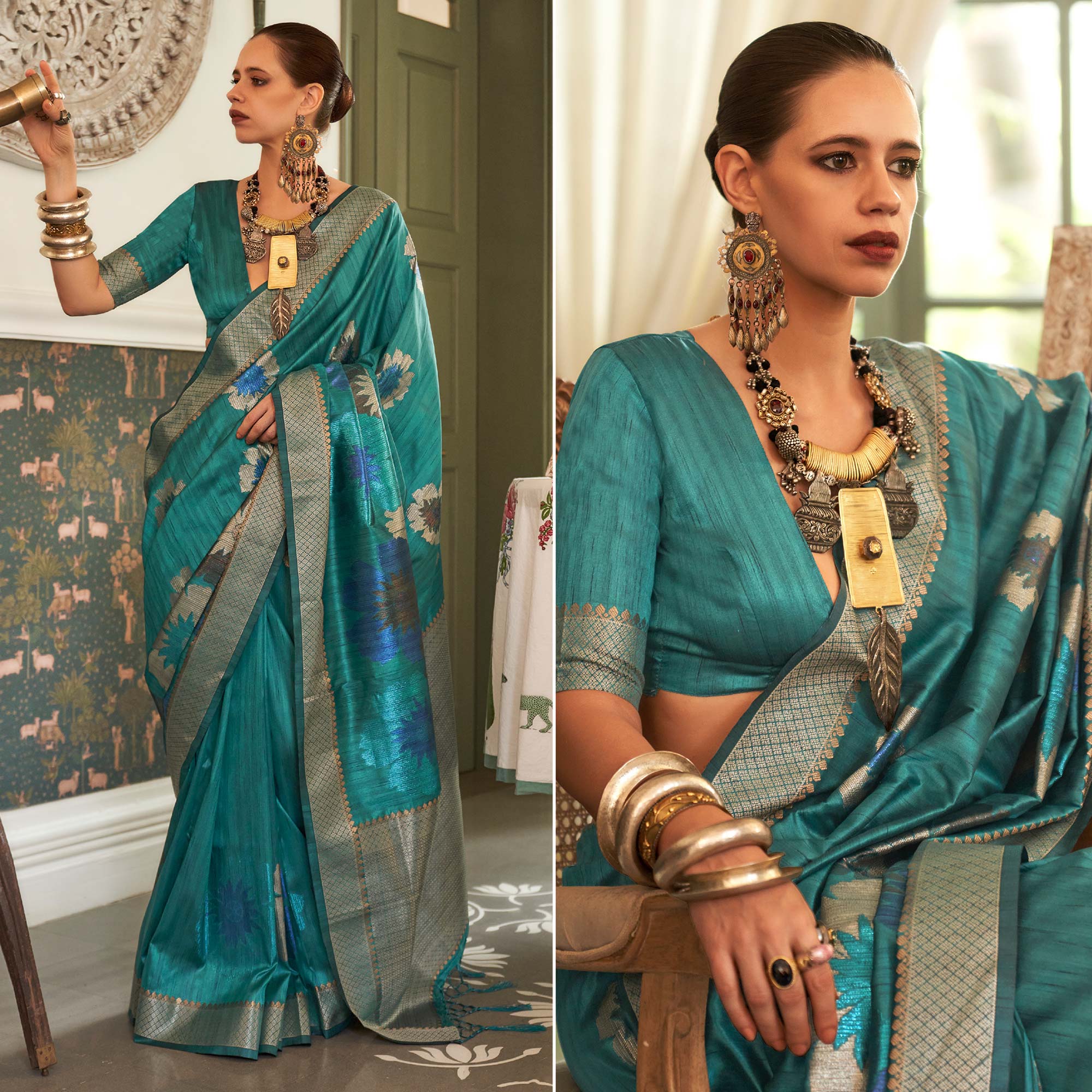 Turquoise Woven Art Silk Saree With Tassels