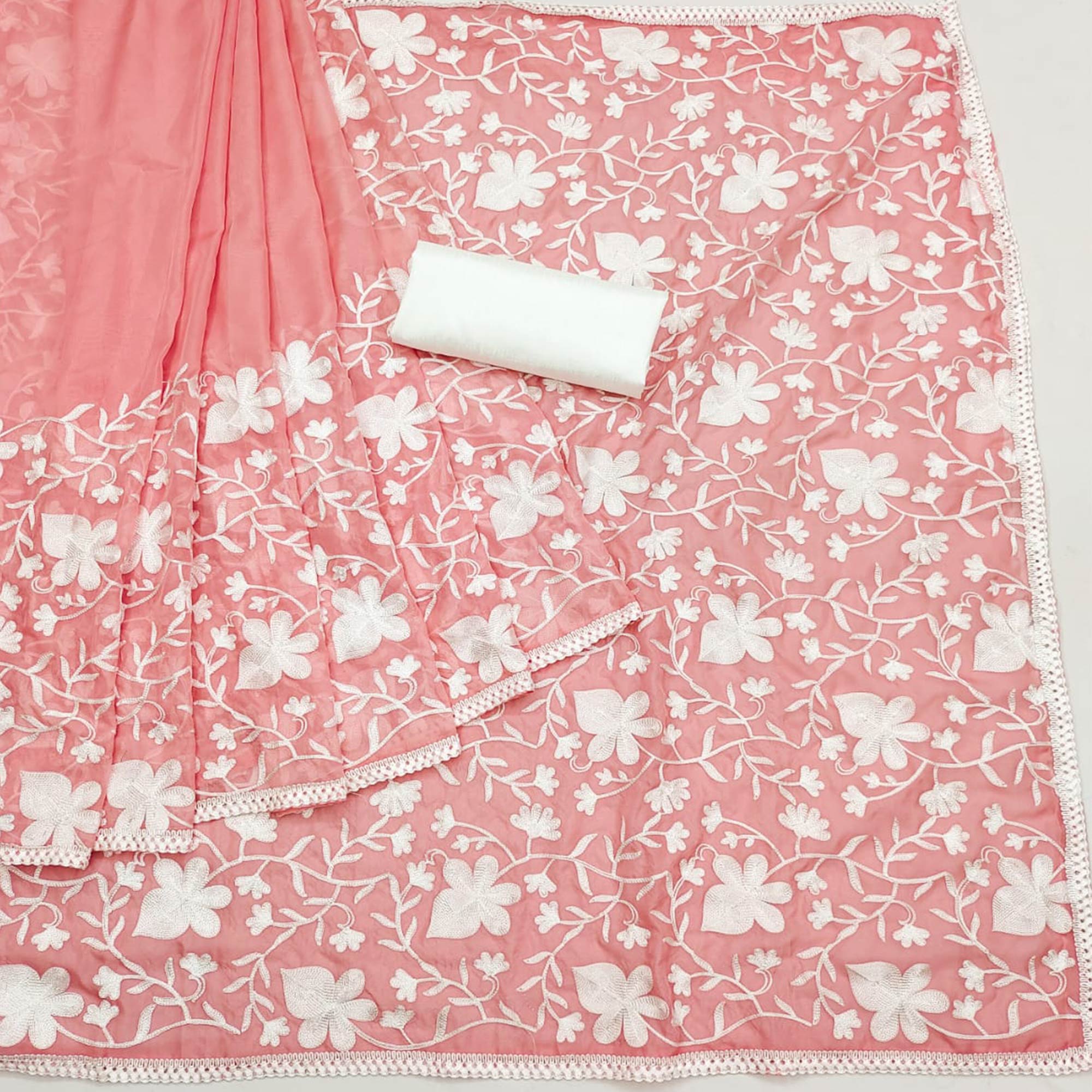 Pink Floral Embroidered Organza Saree