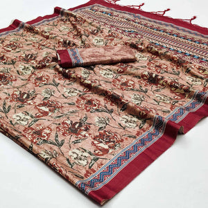 Peach Floral Digital Printed Tussar Silk Saree With Tassels