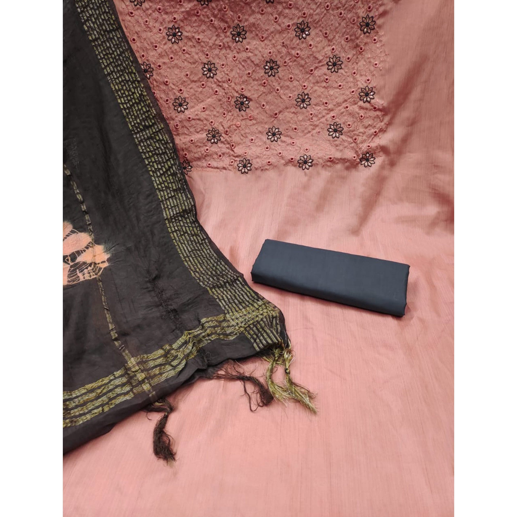 Peach Embroidered Raw Silk Dress Material