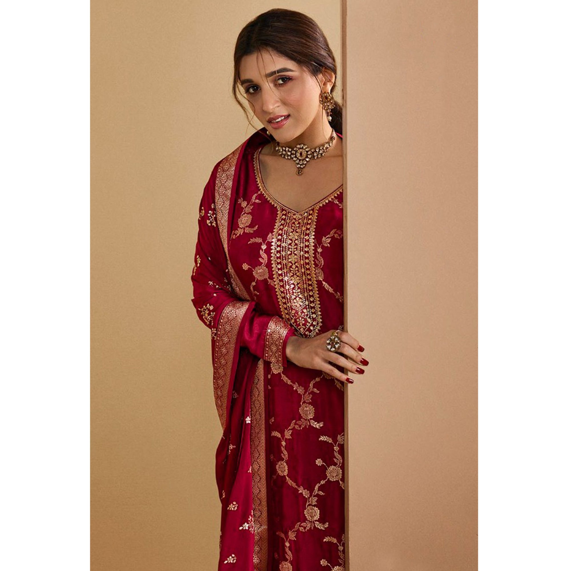 Red Woven And Embroidered Dola Silk Palazzo Suit