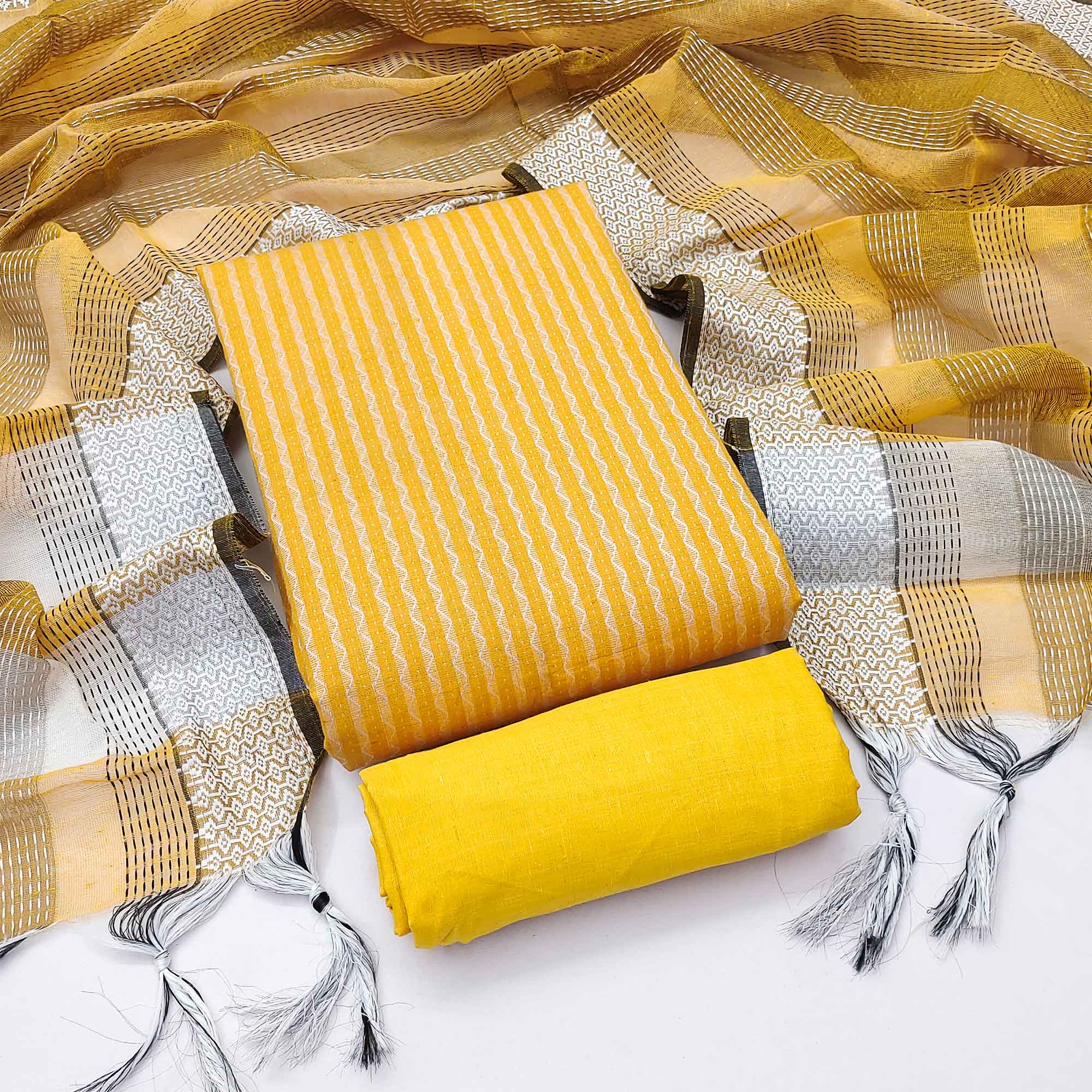 Yellow Woven Cotton Blend Dress Material