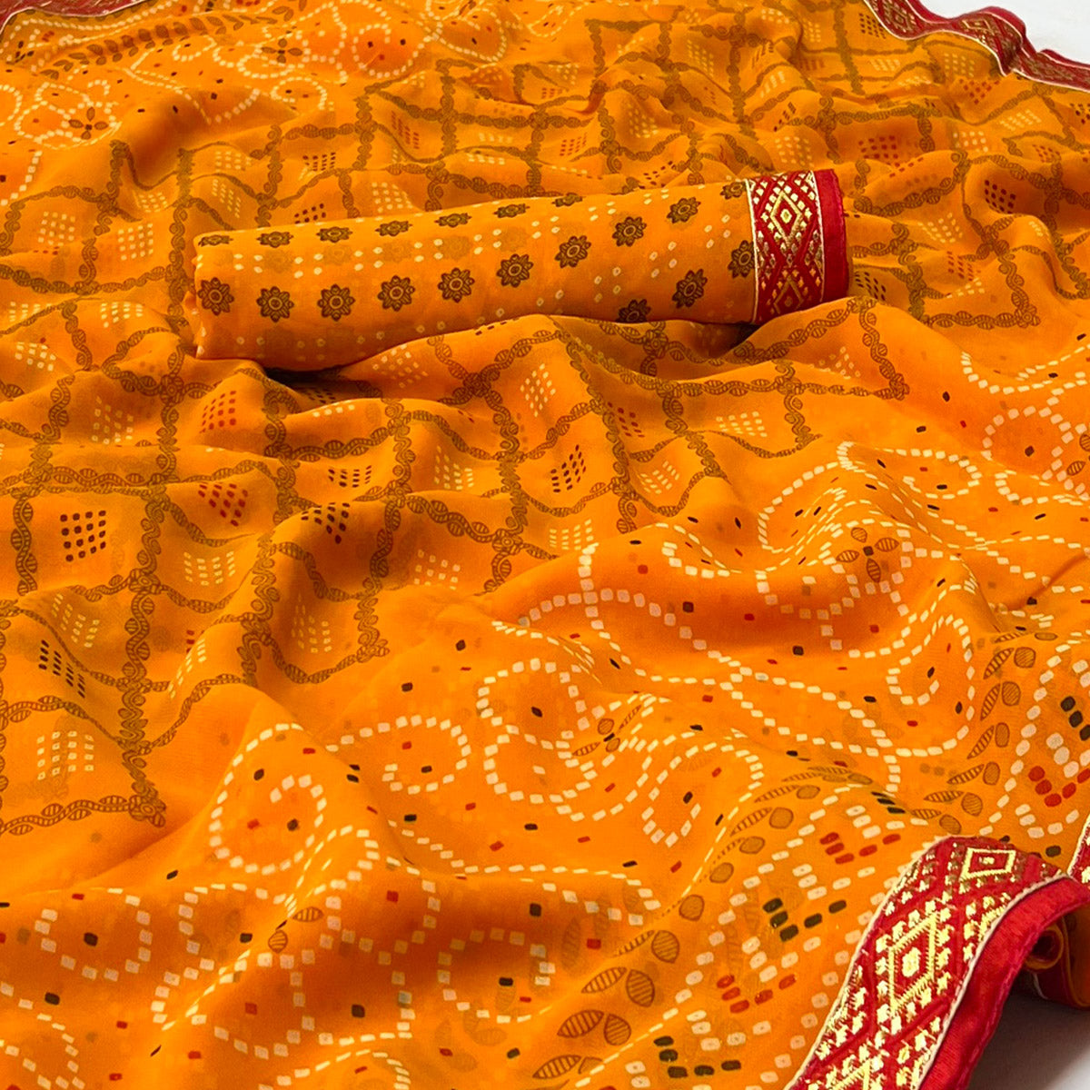 Yellow Bandhani Printed Georgette Saree With Designer Border