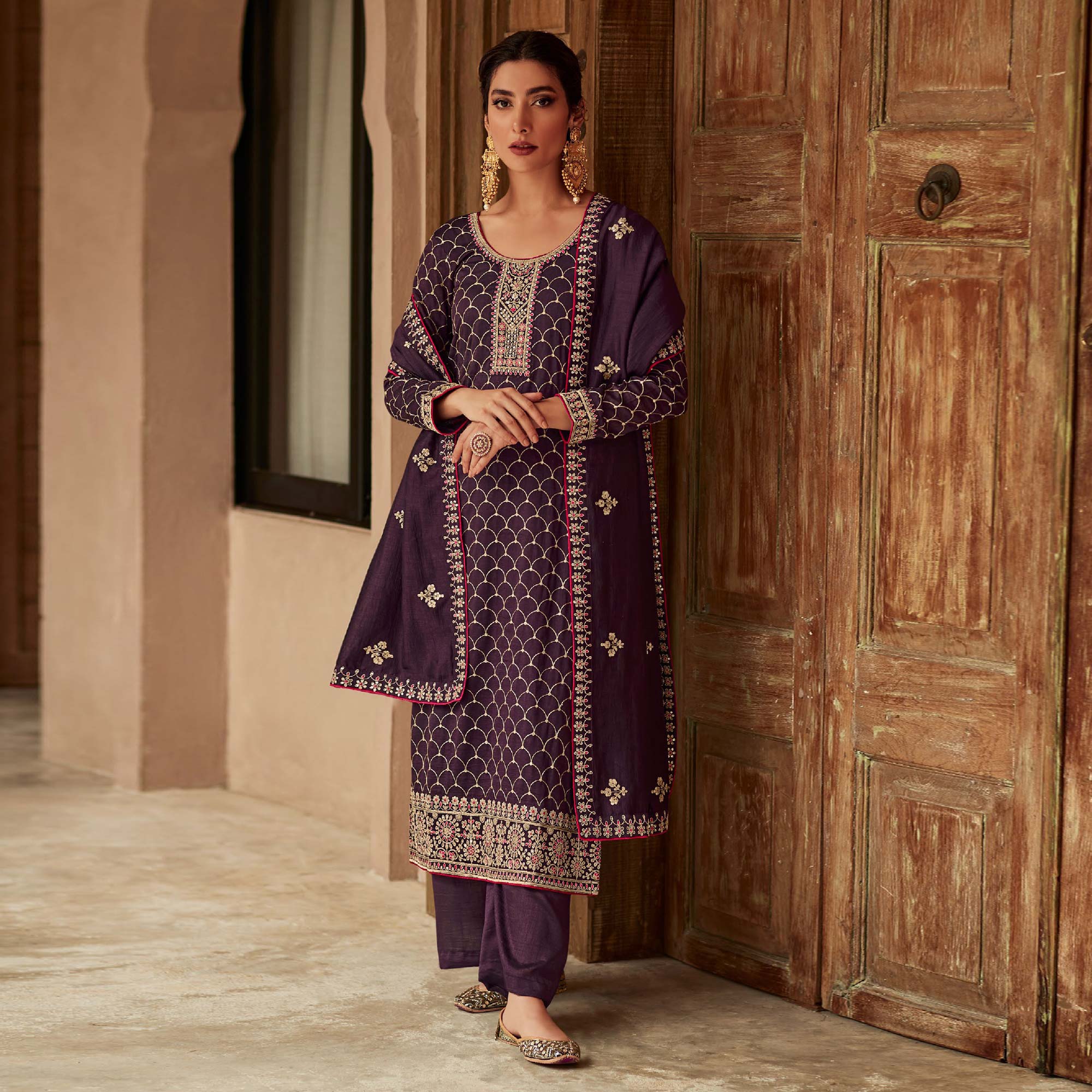 Wine Floral Embroidered Art Silk Palazzo Suit