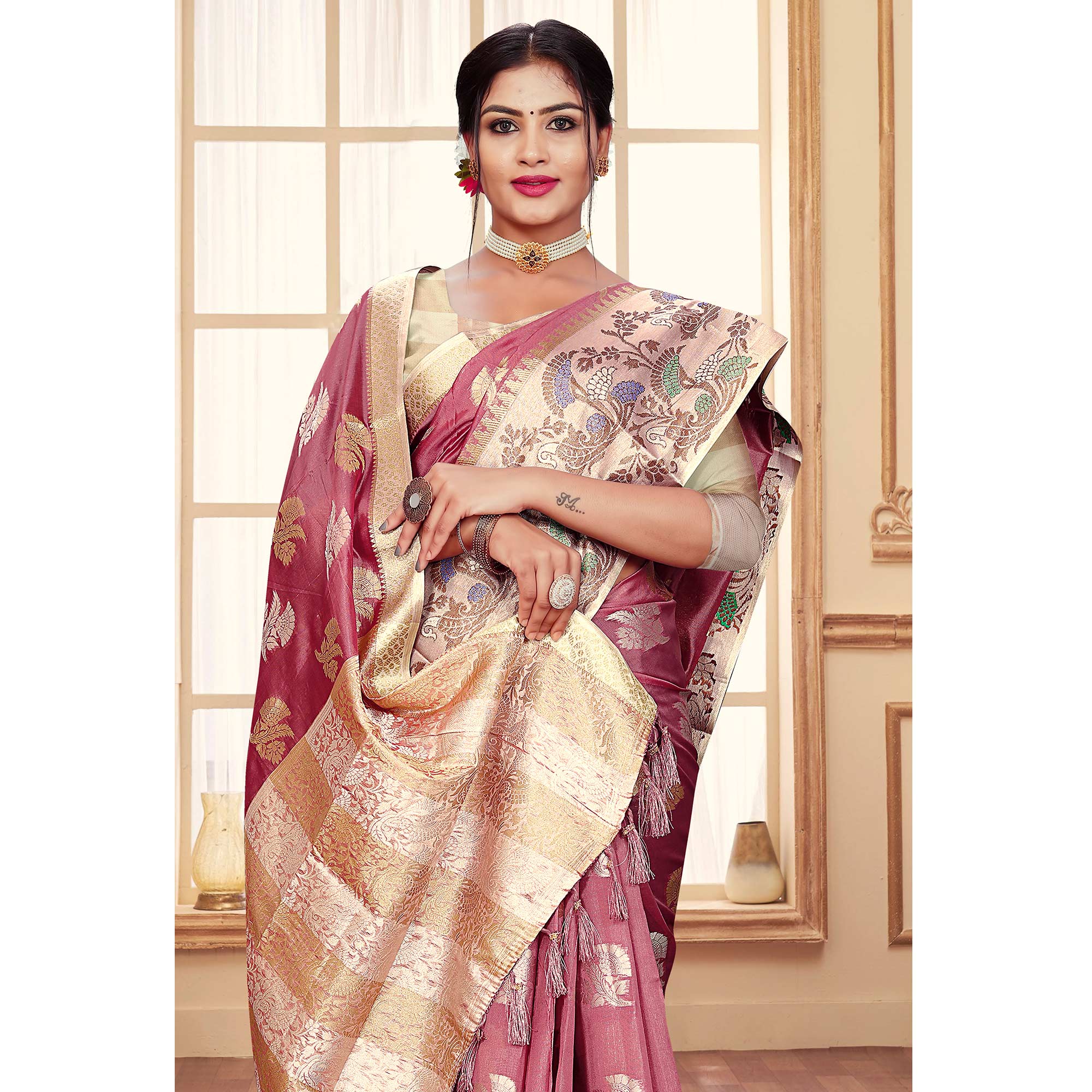 Dusty Pink Floral Woven Organza Saree With Tassels