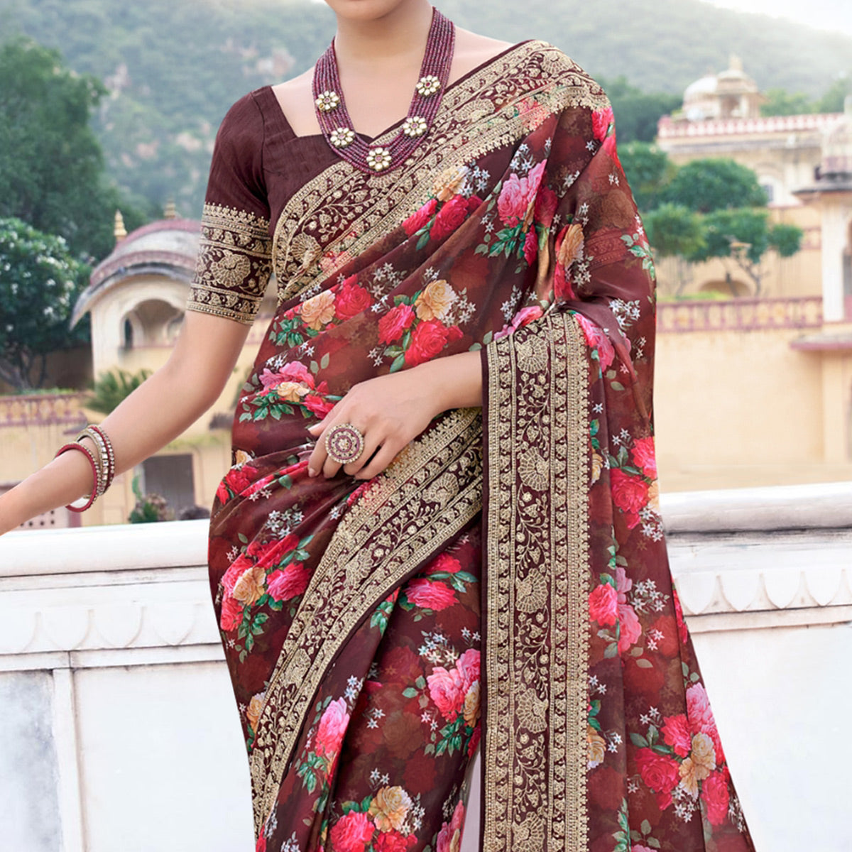 Maroon Floral Printed With Embroidered Organza Saree