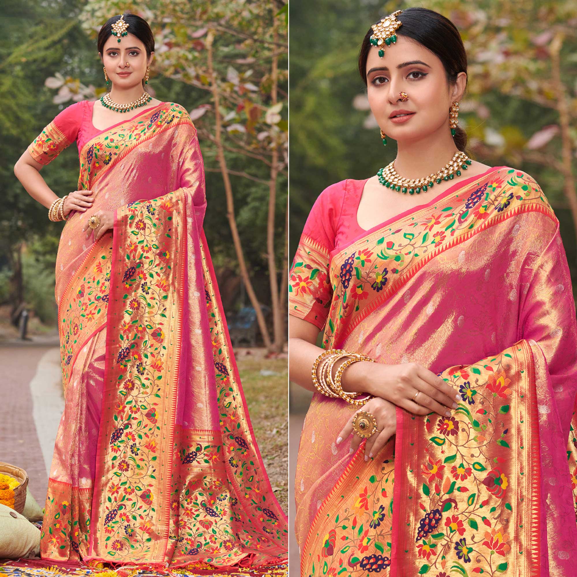 Pink Woven Art Silk Paithani Saree With Tassels