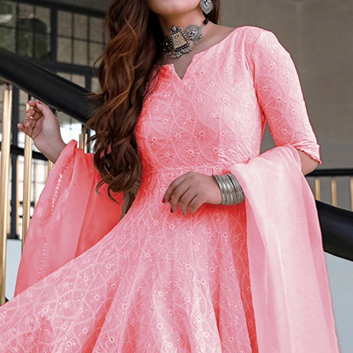 Pink Lucknowi Chikankari Work Rayon Gown