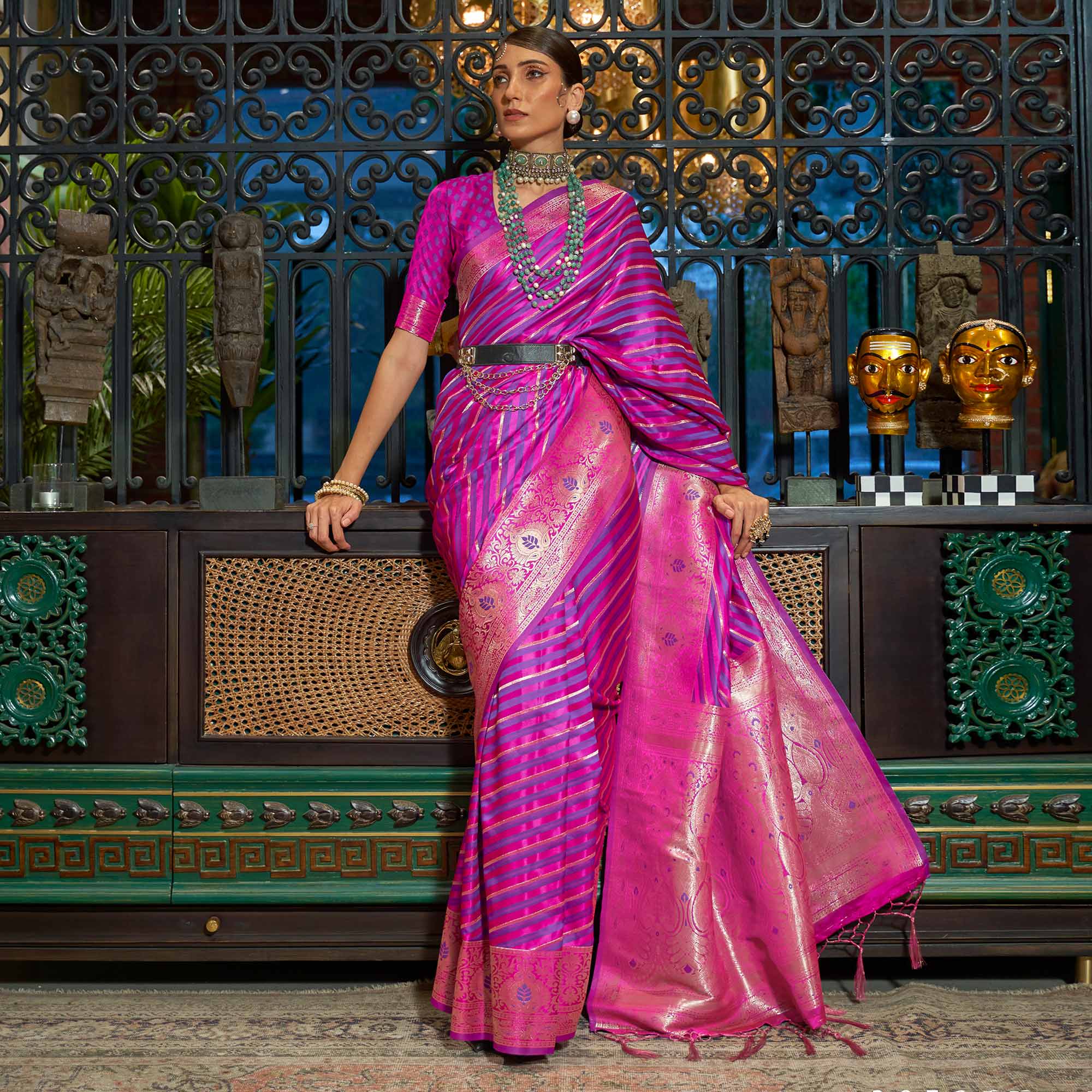 Magenta Pink Woven Satin Saree With Tassels