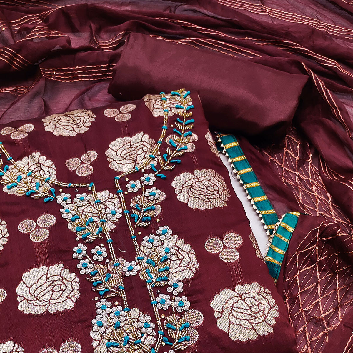 Maroon Woven Banarasi Silk Dress Material