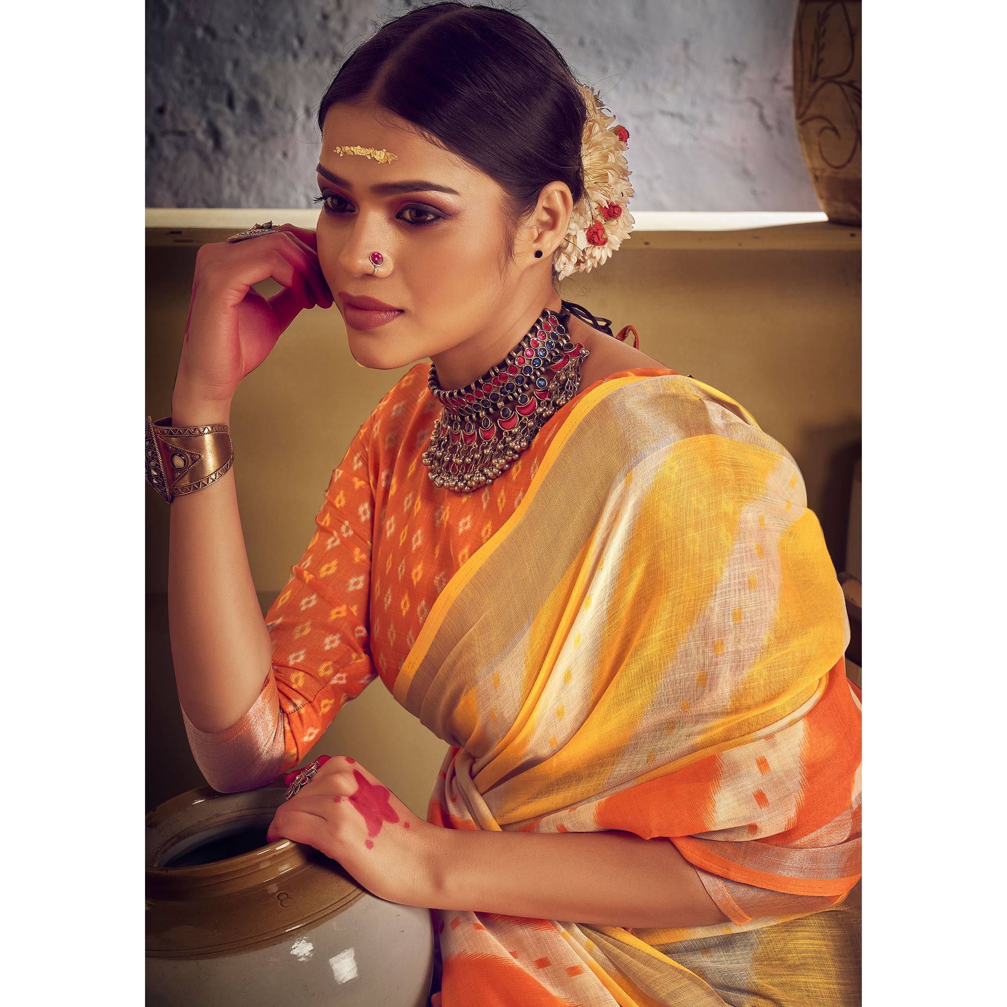 Yellow & Orange Printed With Zari Border Linen Saree