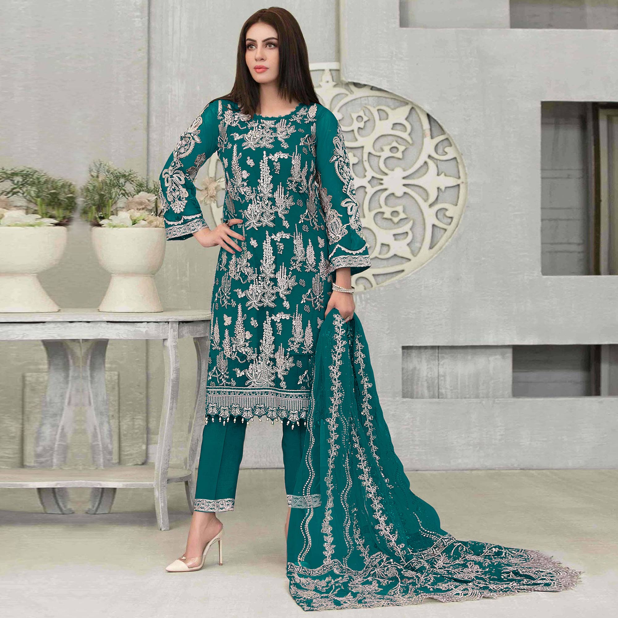 Teal Blue Floral Embroidered Georgette Pakistani Suit