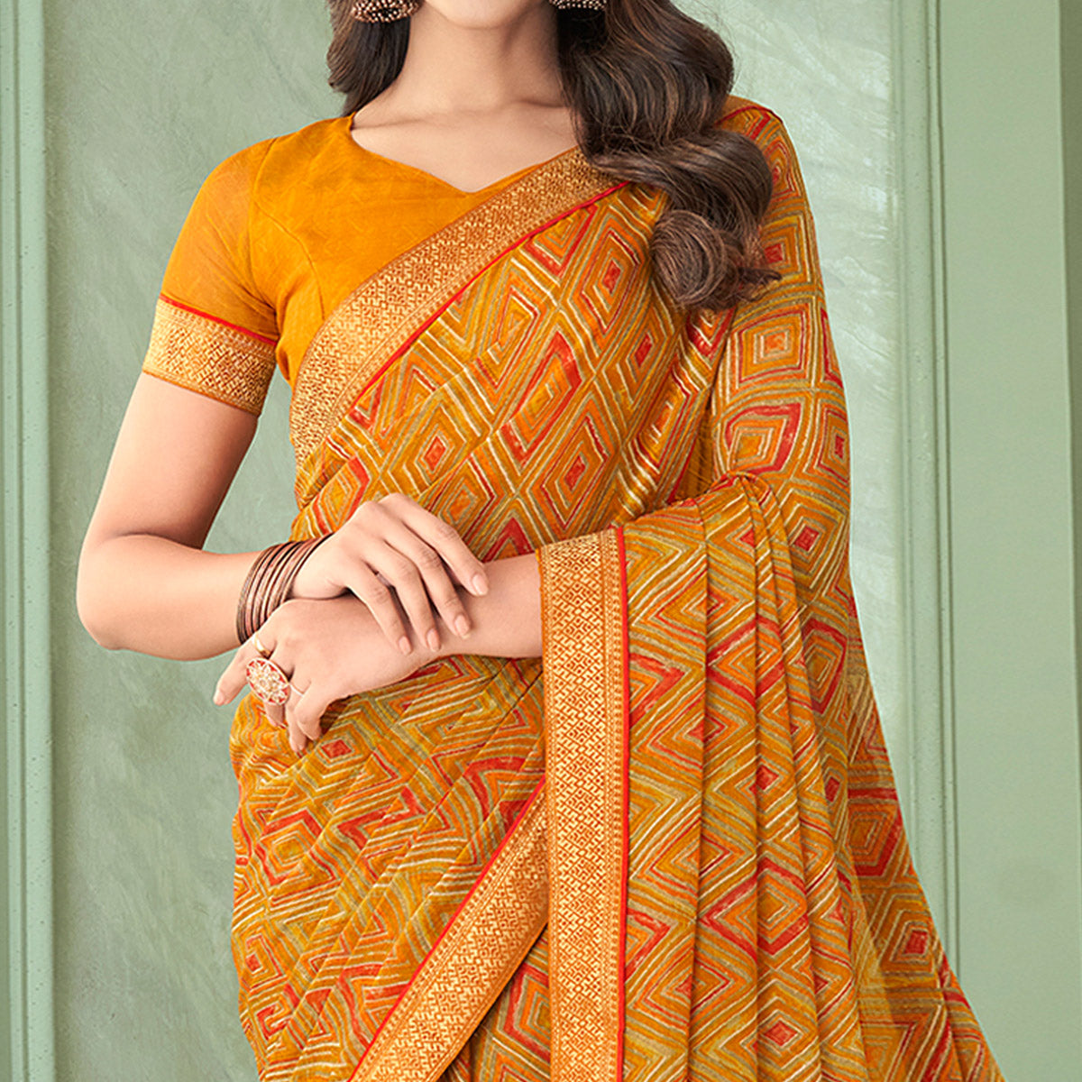 Mustard Digital Printed Chiffon Saree With Lace Border