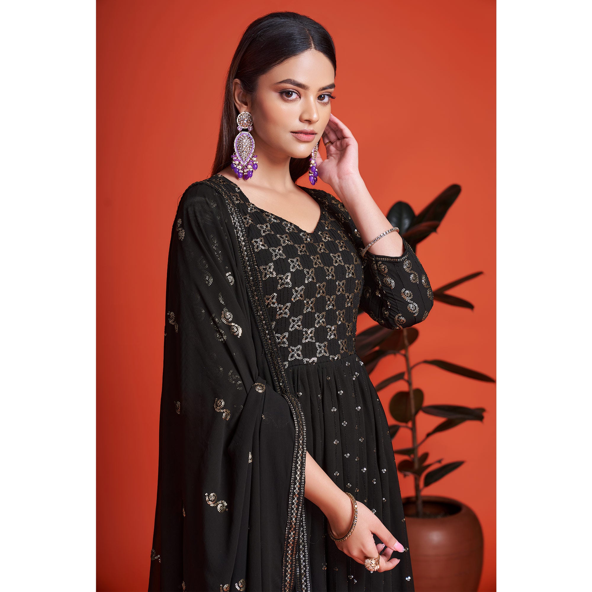 Black Sequins Embroidered Georgette Gown With Dupatta