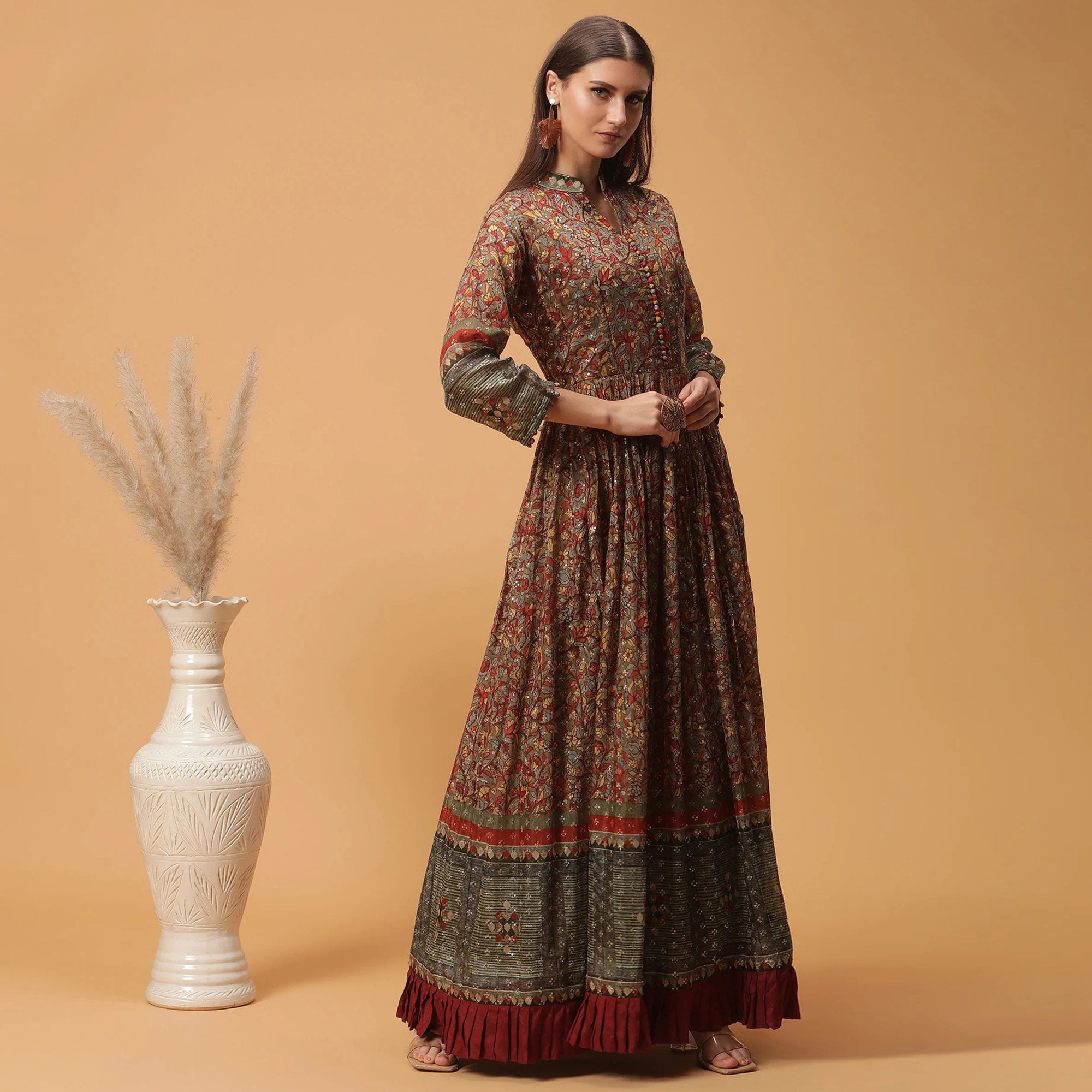 Maroon Digital Printed Dola Silk Gown