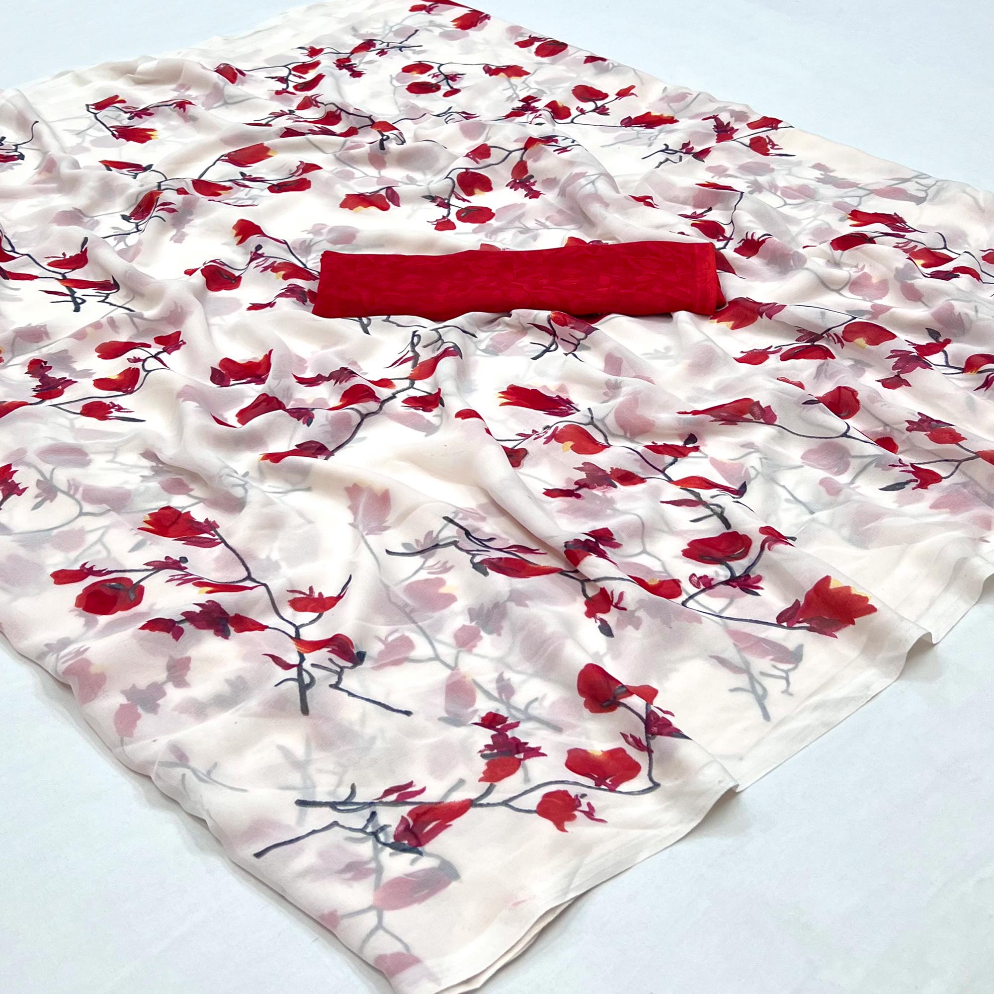 White Red Floral Printed Georgette Saree