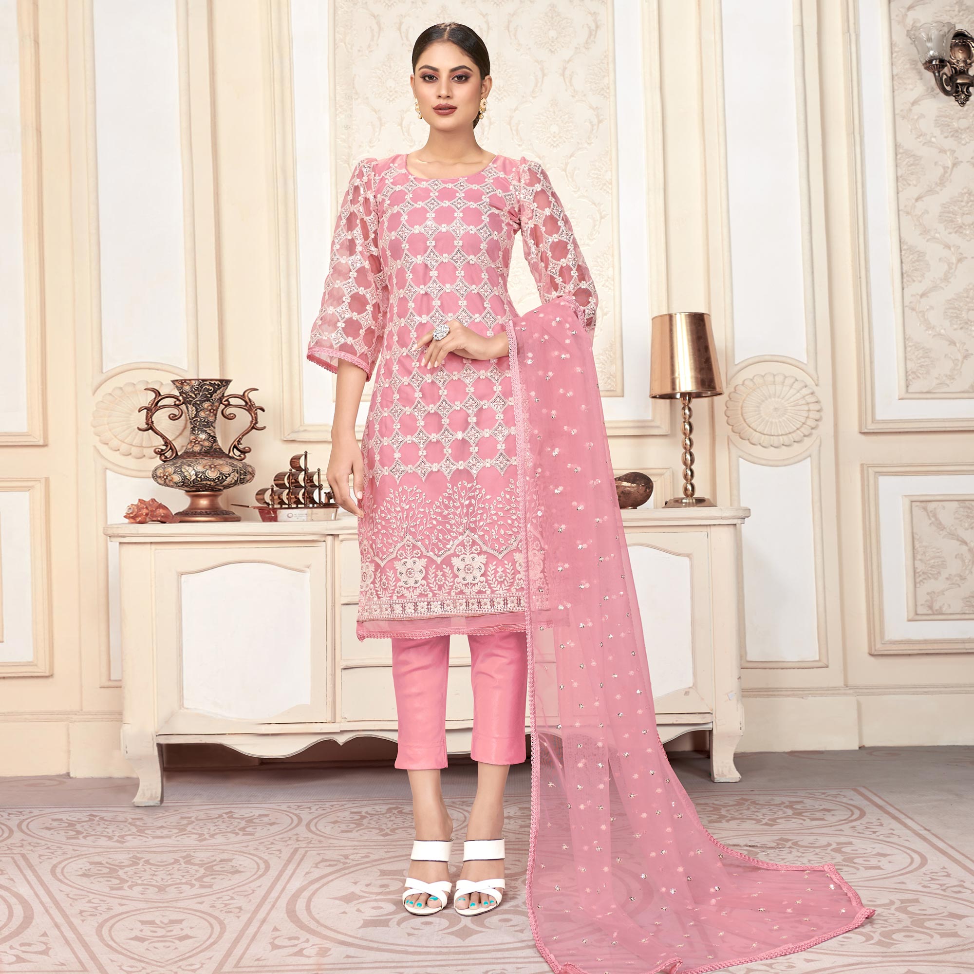 Pink Sequins Embroidered Net Semi Stitched Suit