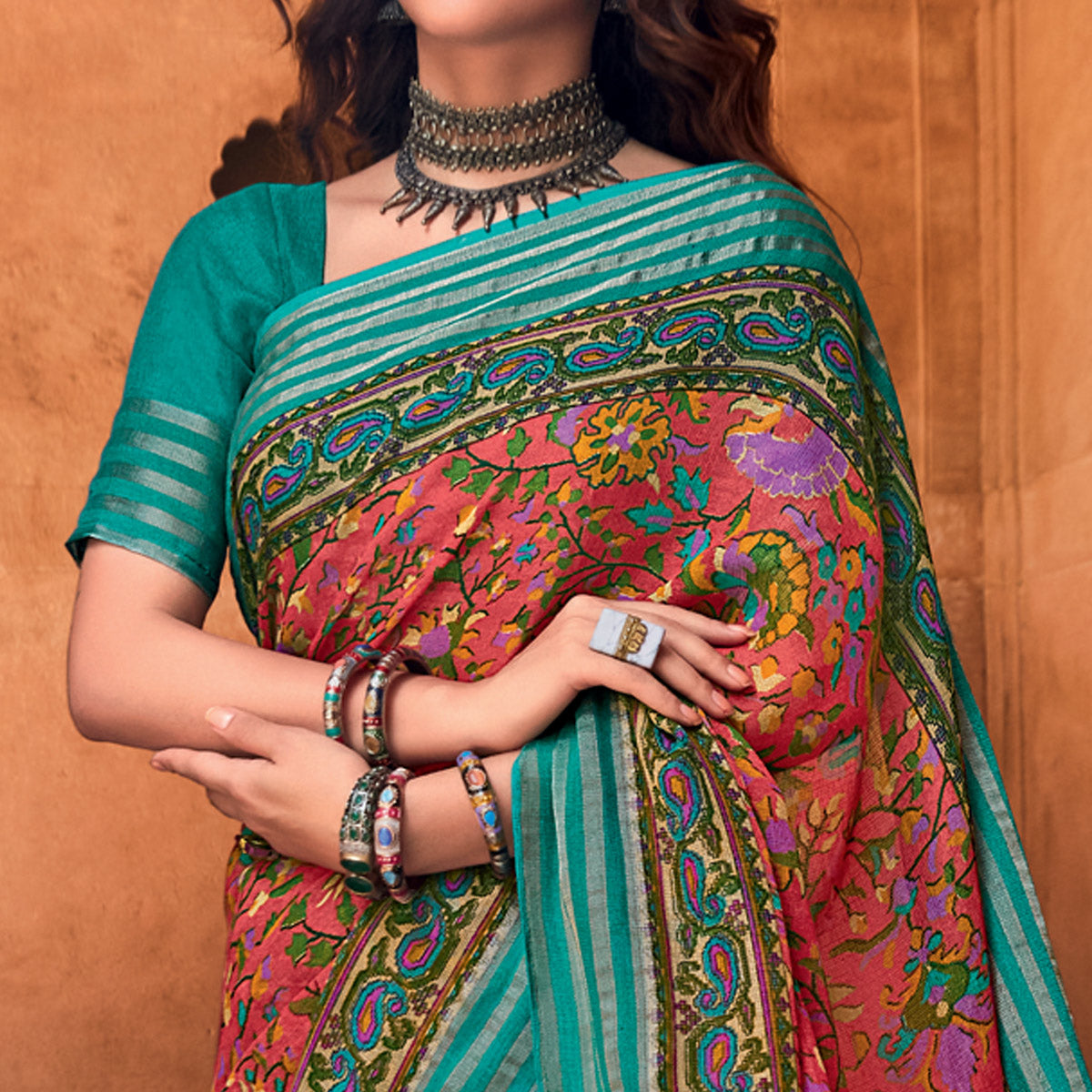 Red Floral Printed Linen Saree