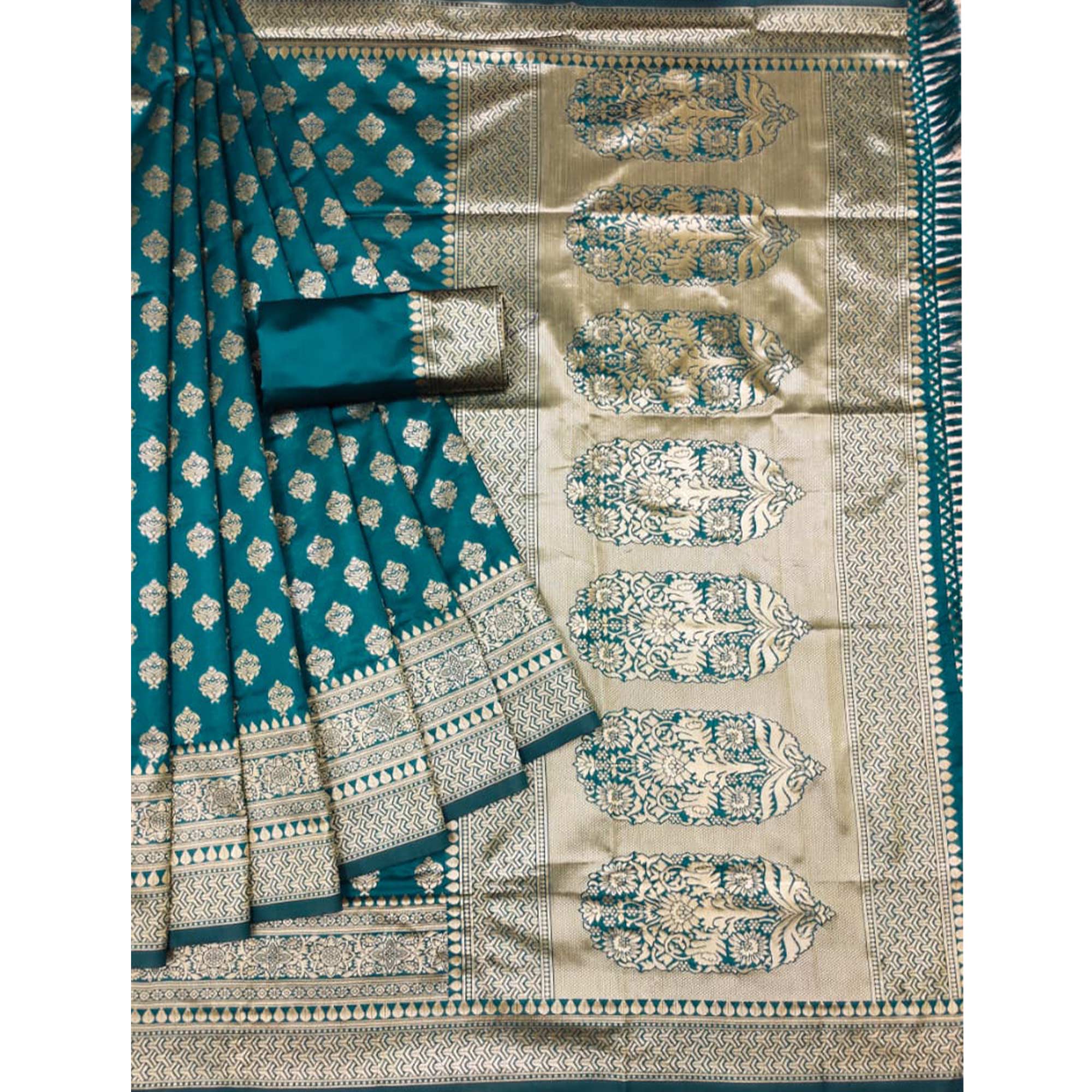 Rama Blue Woven Jacquard Saree With Tassels