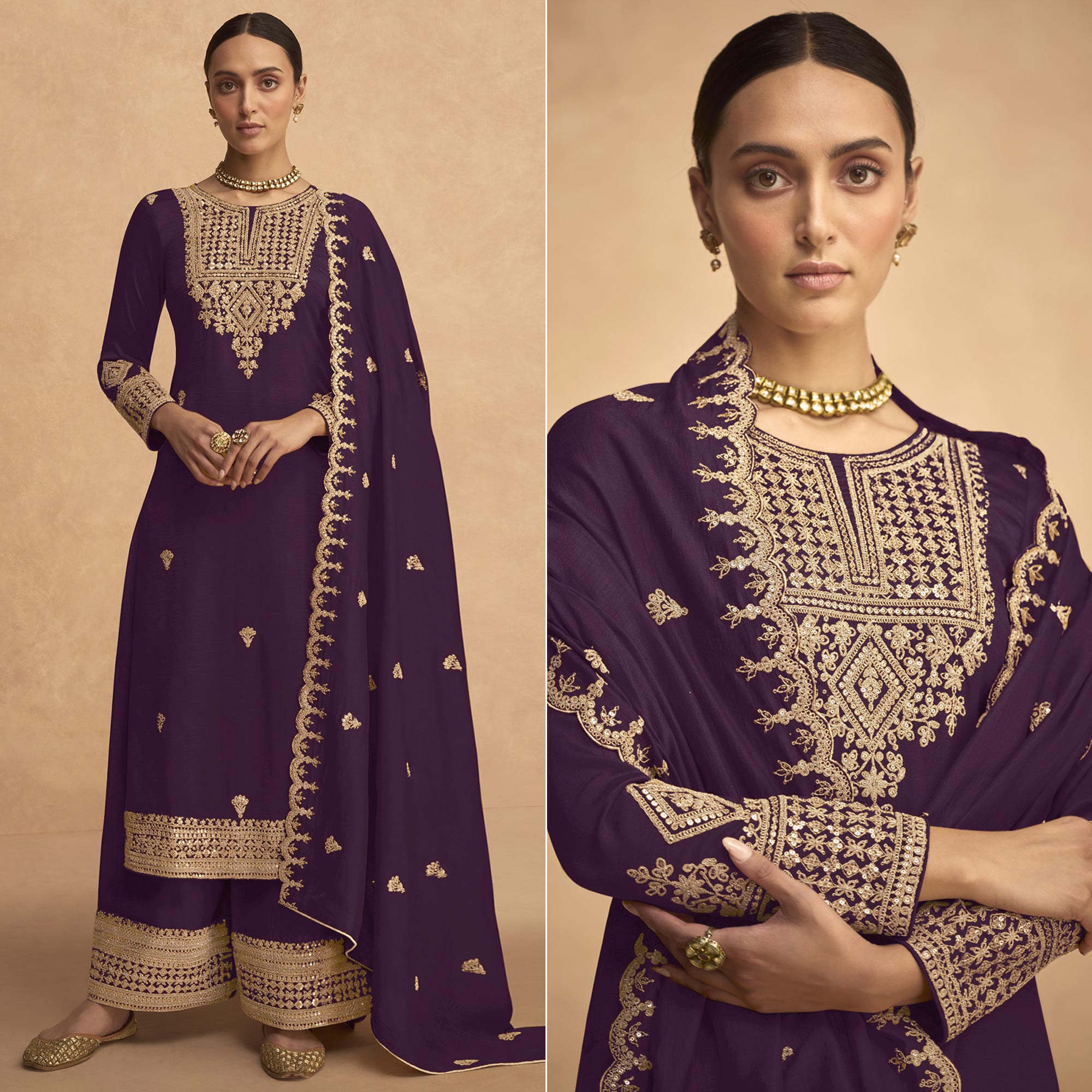 Purple Sequins Embroidered Georgette Palazzo Suit