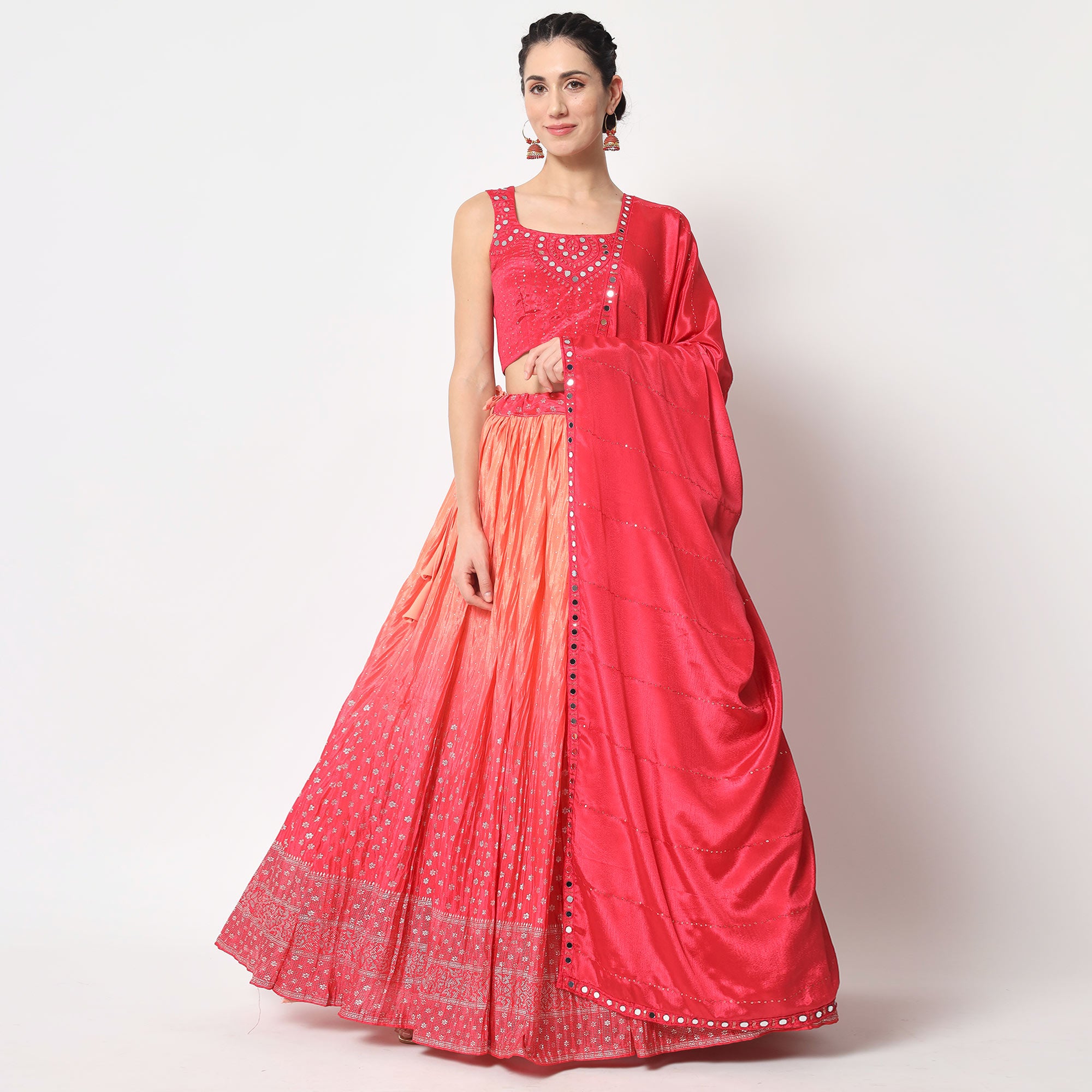 Peach & Pink Foil Printed Chiffon Lehenga Choli