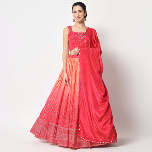 Peach & Pink Foil Printed Chiffon Lehenga Choli