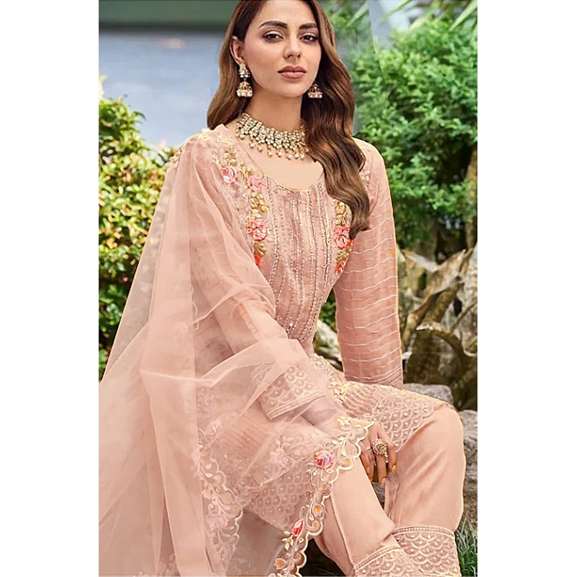 Peach Floral Embroidered Organza Pakistani Suit