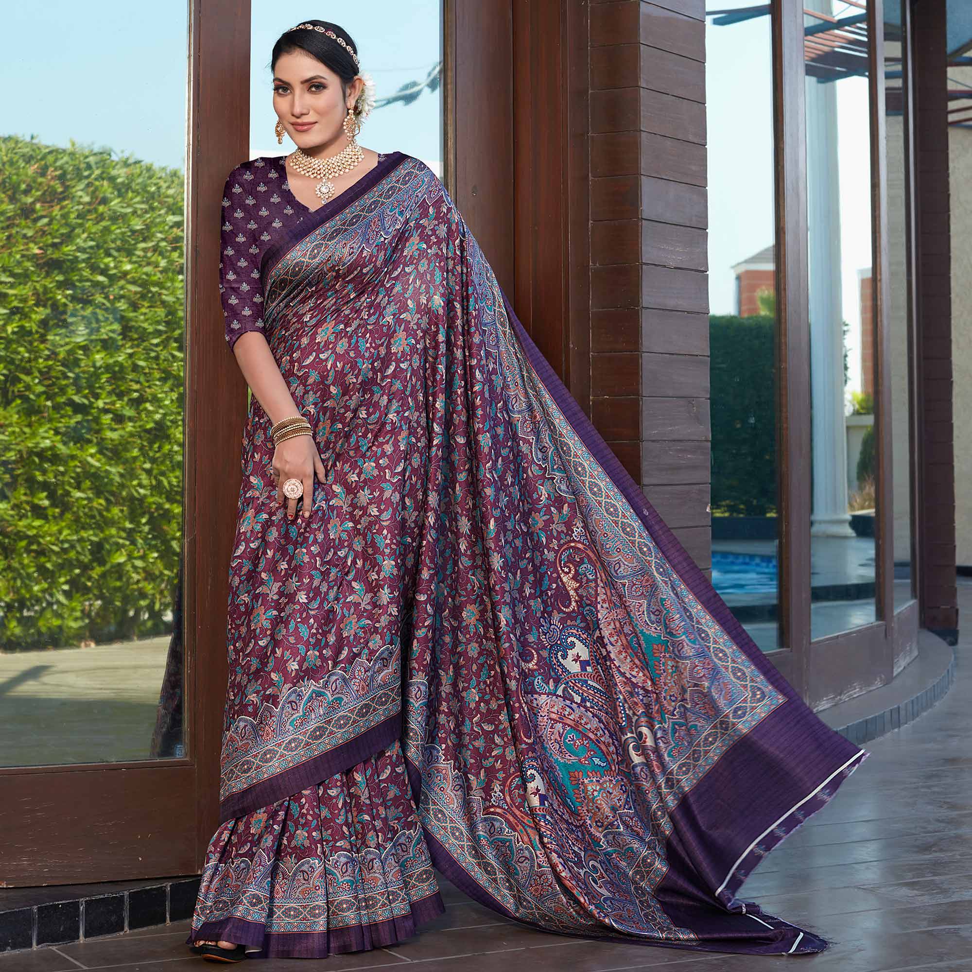 Purple Digital Printed Pashmina Saree