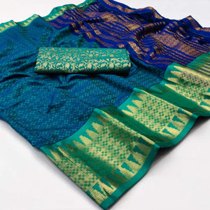 Ocean Blue Woven Cotton Silk Saree With Tassels
