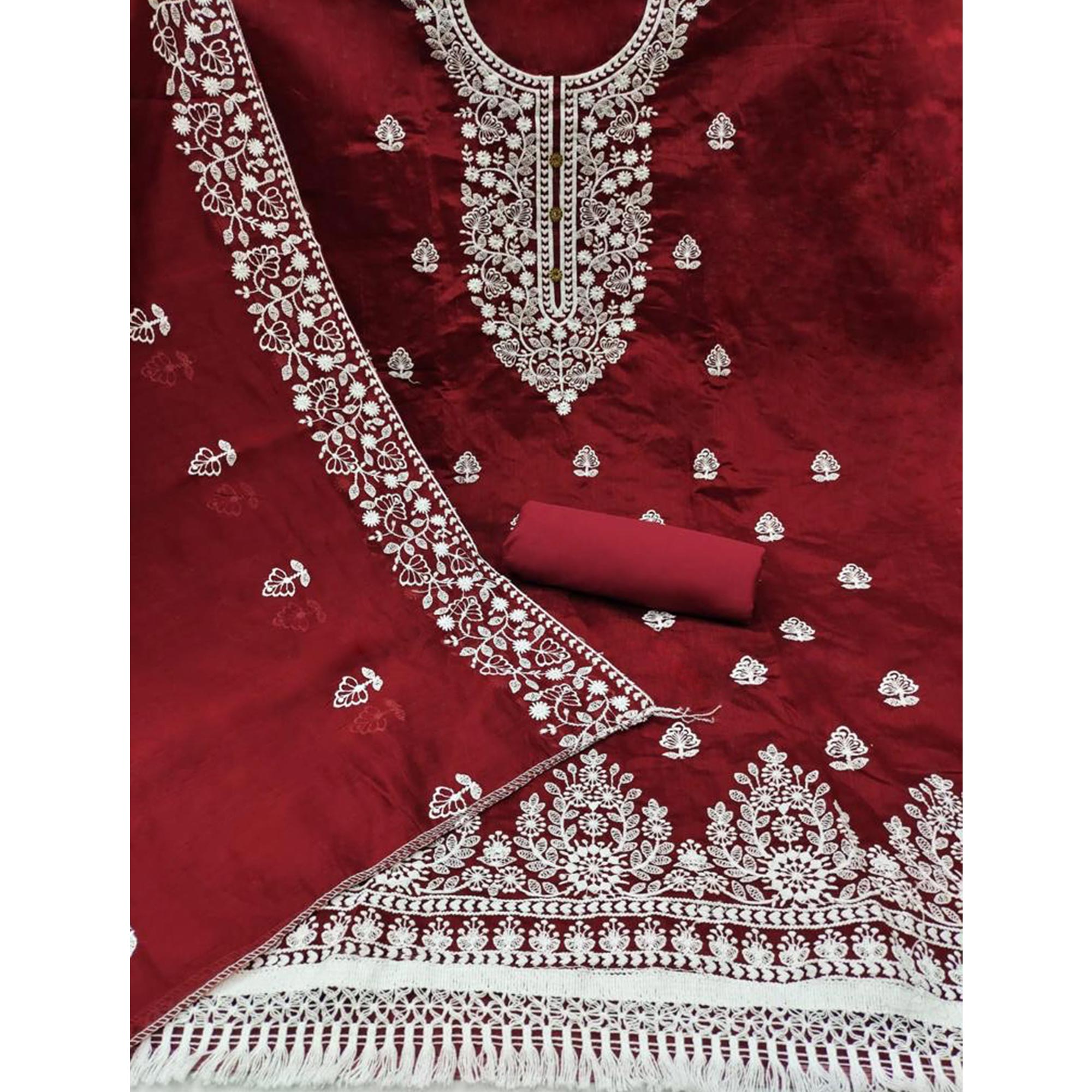 Maroon Floral Embroidered Modal Dress Material