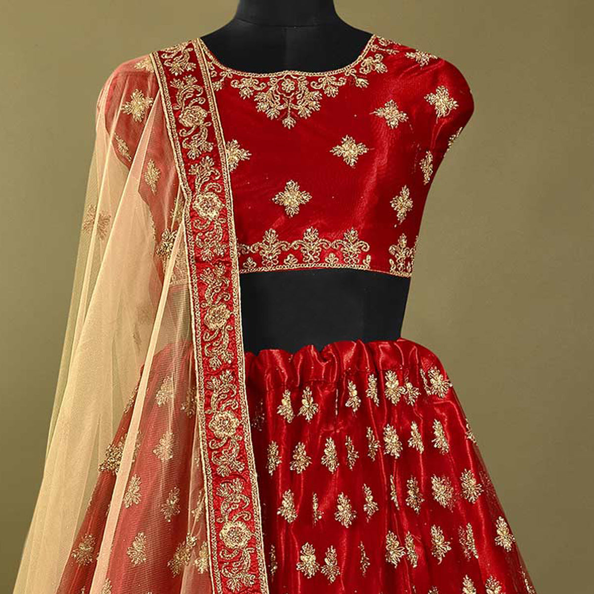 Red Floral Embroidered Net Lehenga Choli