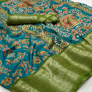 Rama Blue Blue Printed With Woven Border Dola Silk Saree