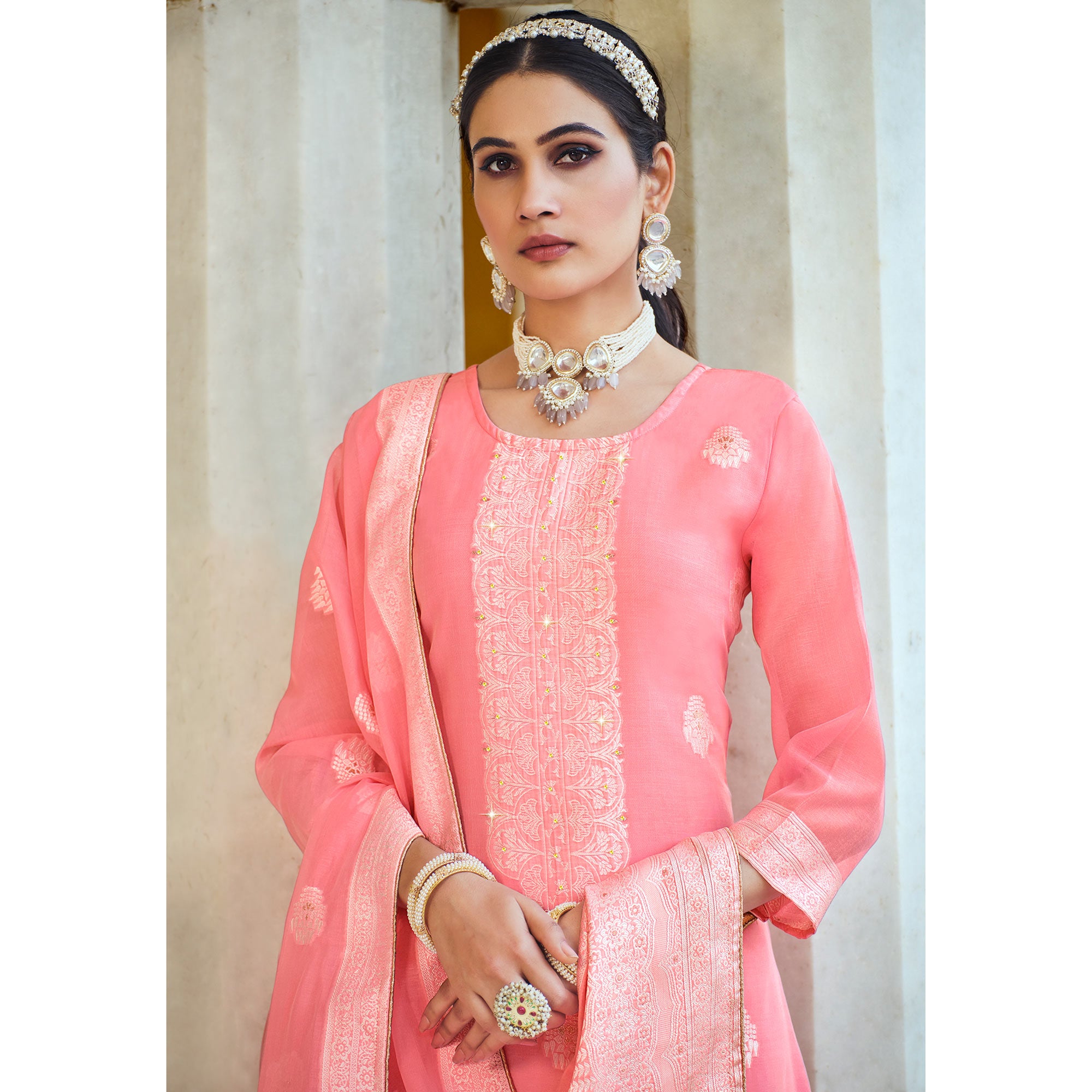 Pink Woven Pure Cotton Suit