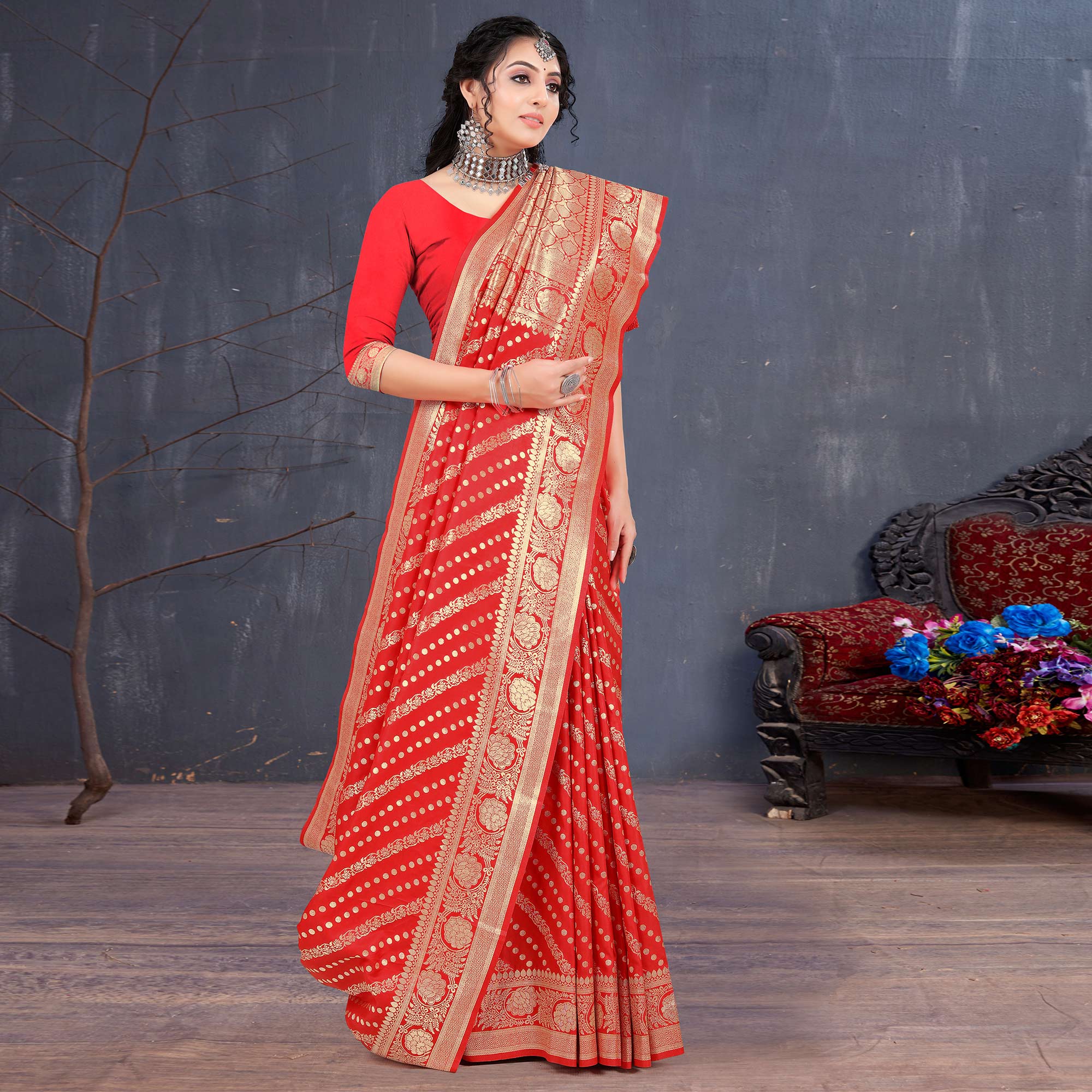 Red Woven Banarasi Silk Saree With Tassels