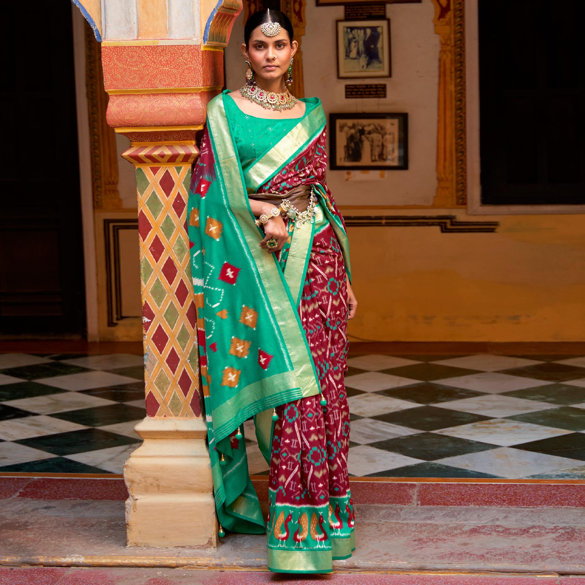 Maroon & Sea Green Printed Art Silk Saree