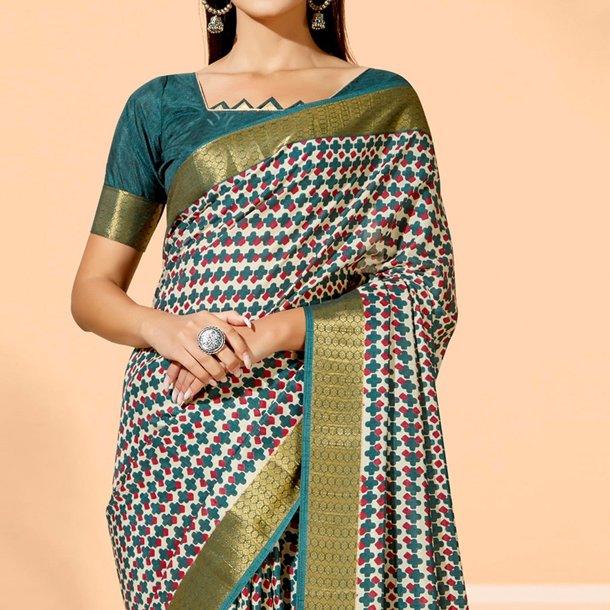 Rama Green Printed Dola Silk Saree With Tassels