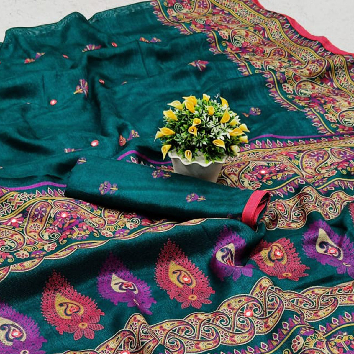 Rama Green Printed Cotton Blend Saree With Tassels