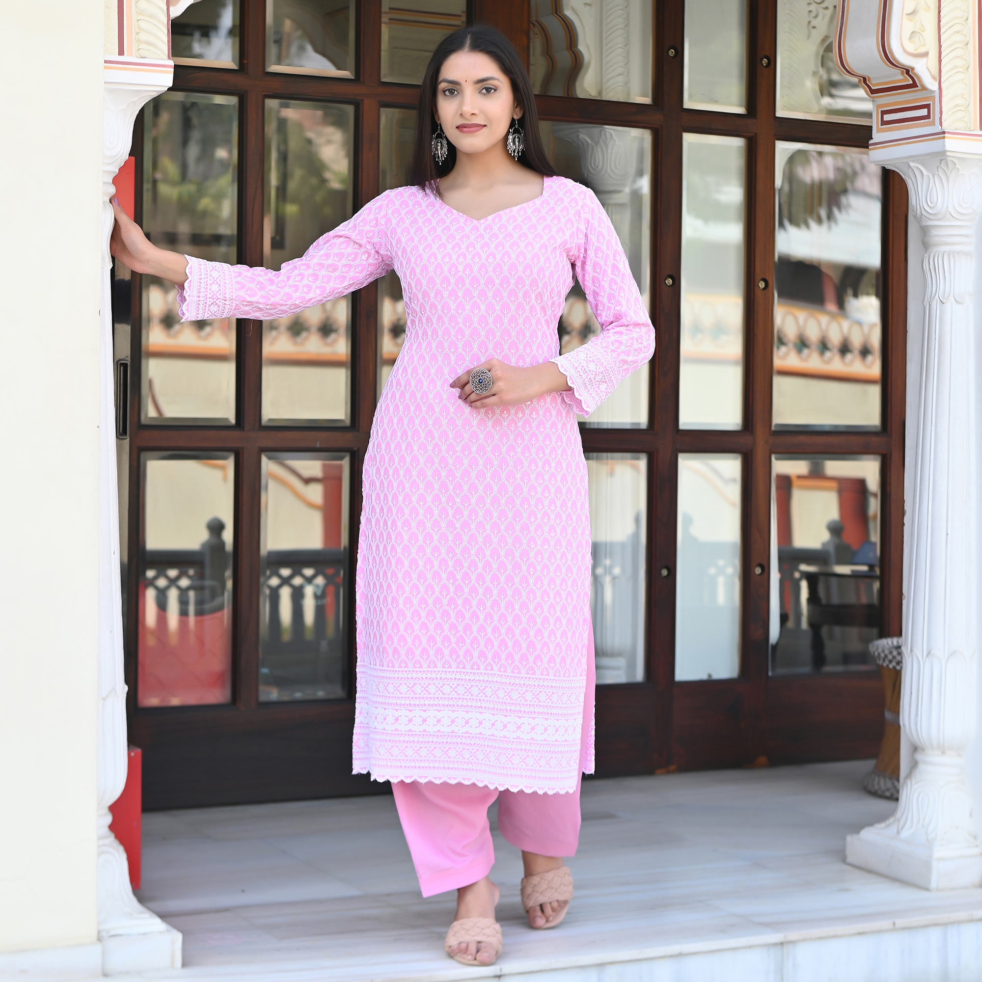 Pink lucknowi Work Cotton Blend Salwar Suit