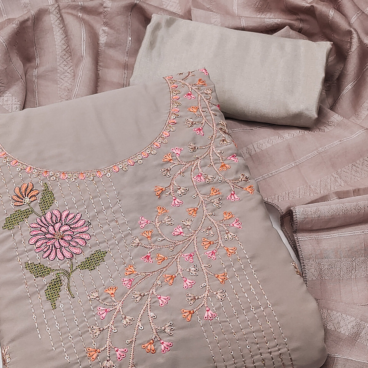 Grey Floral Embroidered Georgette Dress Material