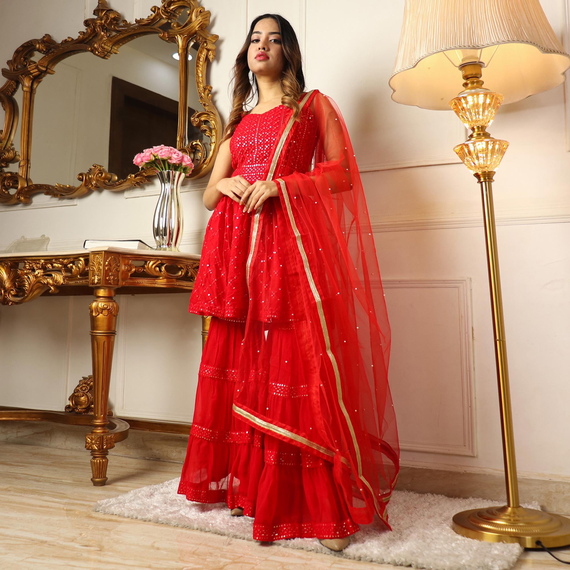 Red Sequins Embroidered Georgette Sharara Suit
